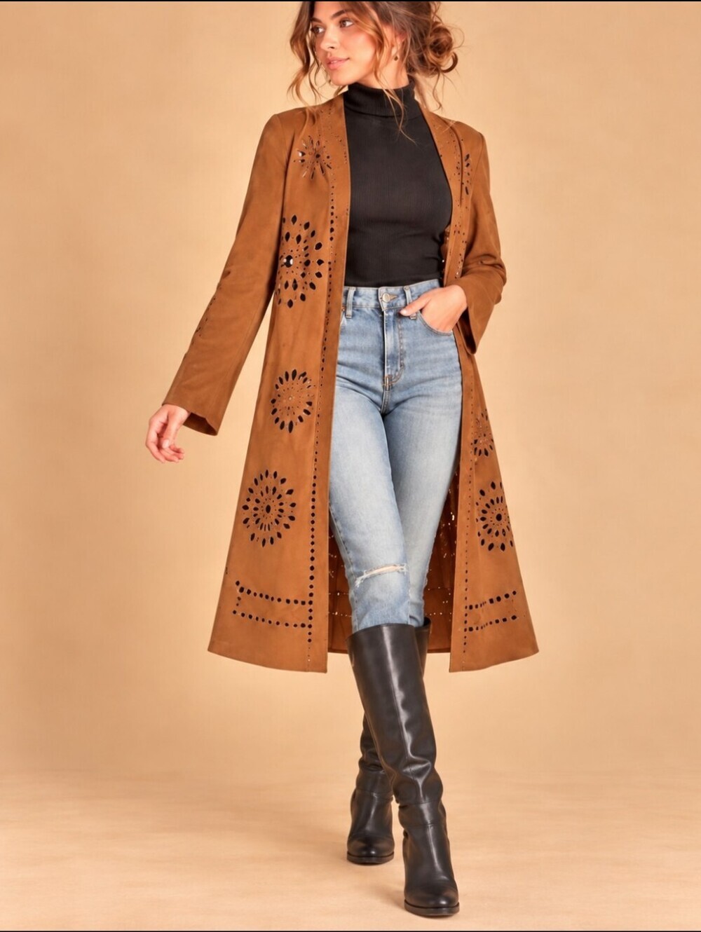 Camel Faux Suede Laser Cut Duster Cardigan Large Boho Western EUC - Picture 1 of 4